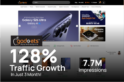Apple Gadgets homepage, SEOviser eCommerce SEO case study showing 128% organic traffic growth