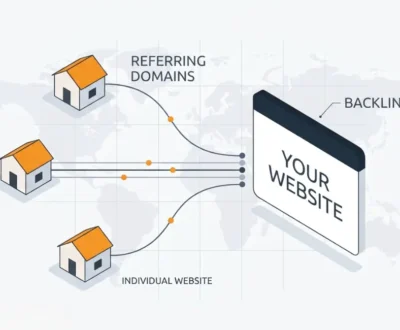 Backlinks vs Referring Domains diagram showing multiple links from one domain connecting to a website.