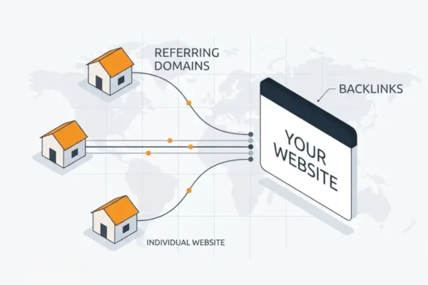 Backlinks vs Referring Domains diagram showing multiple links from one domain connecting to a website. Backlinks vs Referring Domains diagram showing multiple links from one domain connecting to a website.