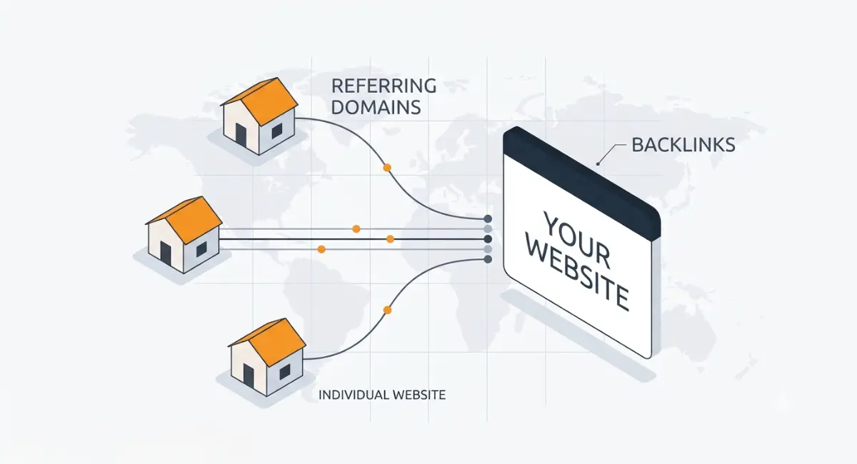 Backlinks vs Referring Domains diagram showing multiple links from one domain connecting to a website.