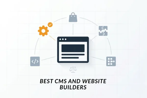 Best CMS and Website Builders comparison illustration showing multiple platform icons connected to a central website window.