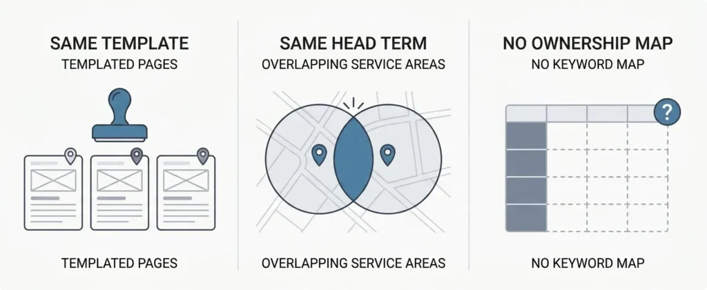 Three root causes of location page cannibalization: identical page templates, overlapping service areas targeting the same head term, and no keyword ownership map.