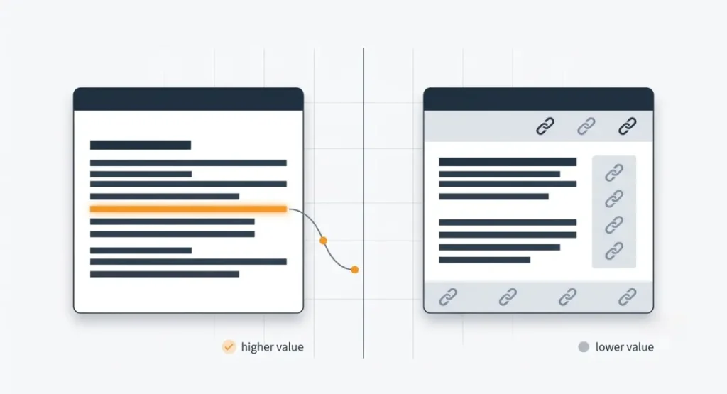 Contextual vs sitewide backlinks comparison showing link placement inside content versus website headers and footers.