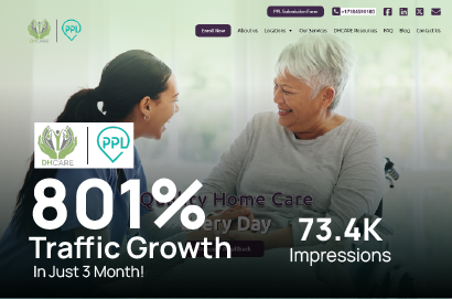 DHCare home care website, SEOviser local SEO case study showing 801% organic traffic growth
