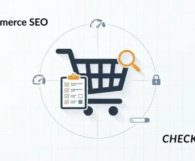 Ecommerce Audit Checklist illustration Ecommerce Audit Checklist illustration showing a shopping cart with checklist, magnifying glass, and technical SEO icons.