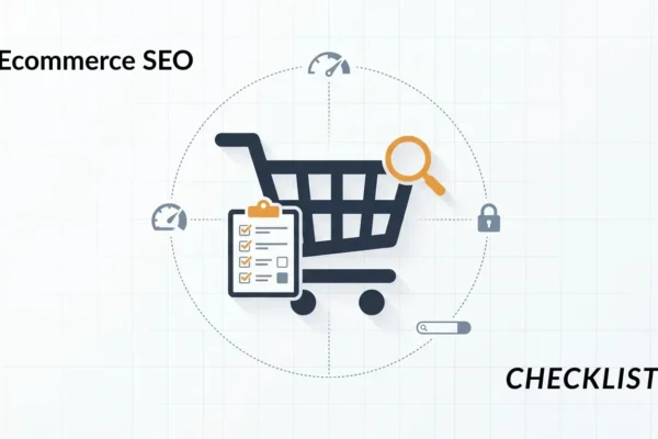 Ecommerce Audit Checklist illustration Ecommerce Audit Checklist illustration showing a shopping cart with checklist, magnifying glass, and technical SEO icons.