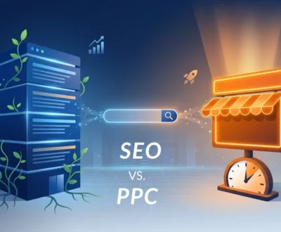 SEO vs PPC Illustration of an SEO owned building beside a PPC rented storefront, symbolizing organic search growth versus paid ad visibility.