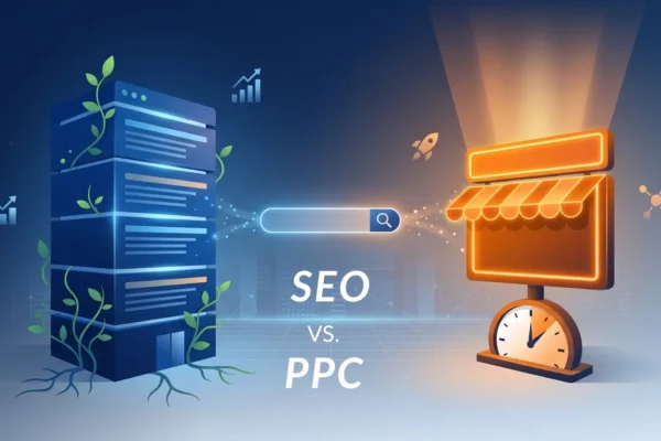 SEO vs PPC Illustration of an SEO owned building beside a PPC rented storefront, symbolizing organic search growth versus paid ad visibility.