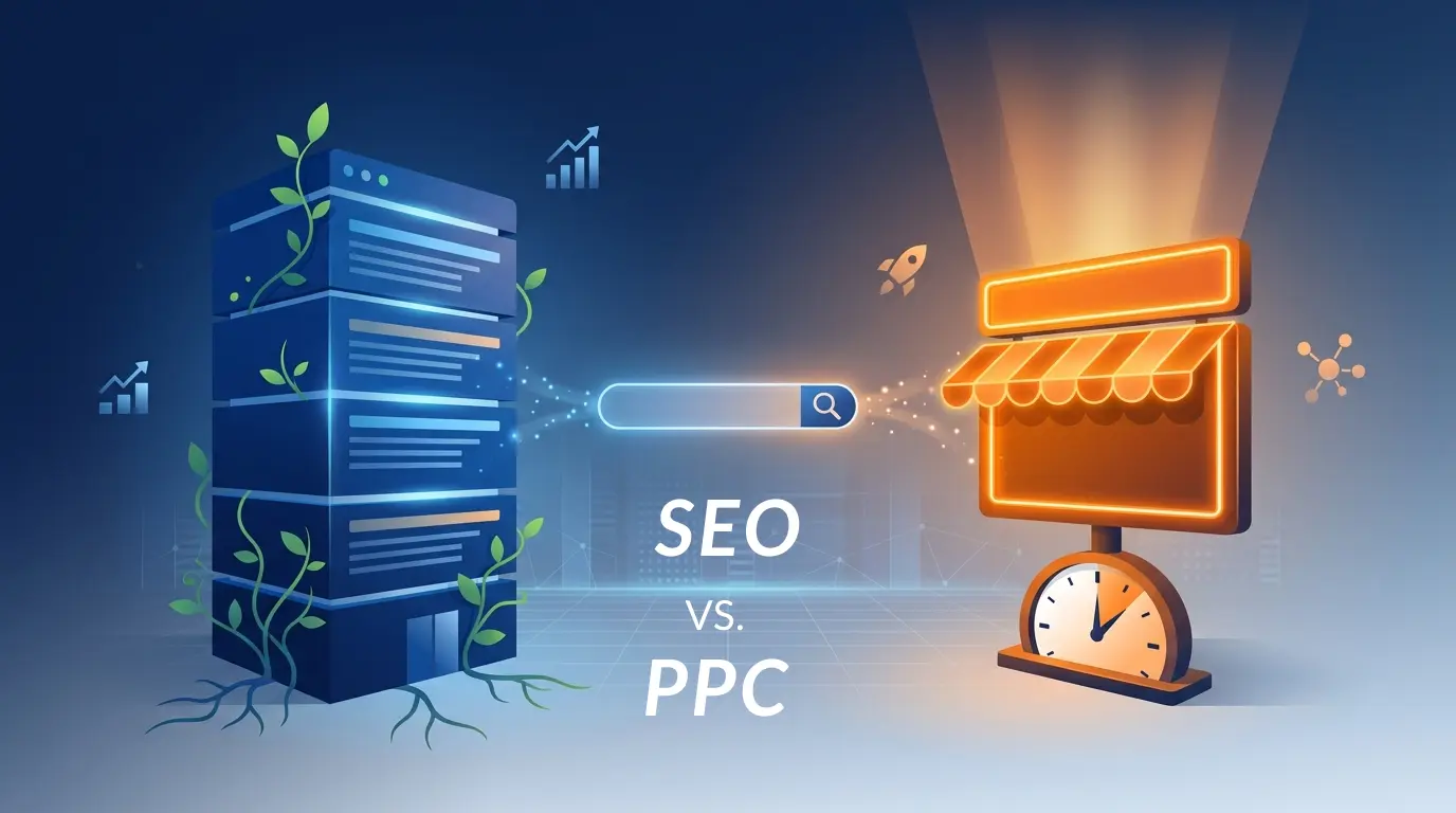 Illustration of an SEO owned building beside a PPC rented storefront, symbolizing organic search growth versus paid ad visibility.
