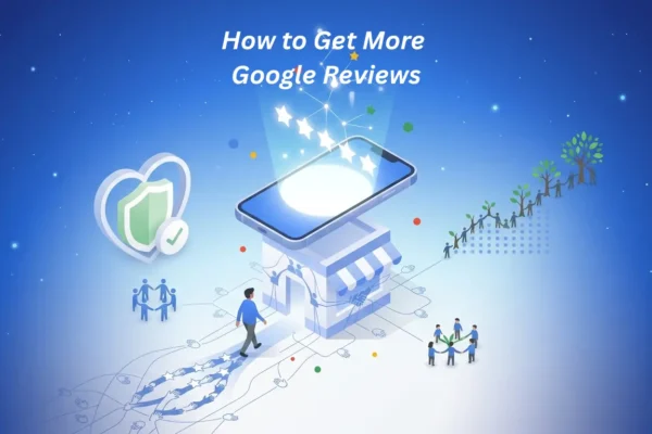 Isometric illustration of a smartphone glowing with star ratings above a storefront Isometric illustration of a smartphone glowing with star ratings above a storefront, symbolizing compliant, post-visit Google review requests with steady organic growth.