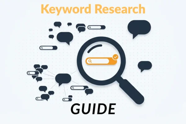 Keyword research illustration showing a magnifying glass identifying search queries clustered into topical keyword groups.