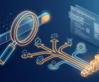 Keyword intent types Keyword intent types illustrated as glowing search paths leading to conversion growth chart
