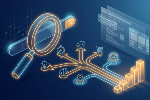Keyword intent types Keyword intent types illustrated as glowing search paths leading to conversion growth chart