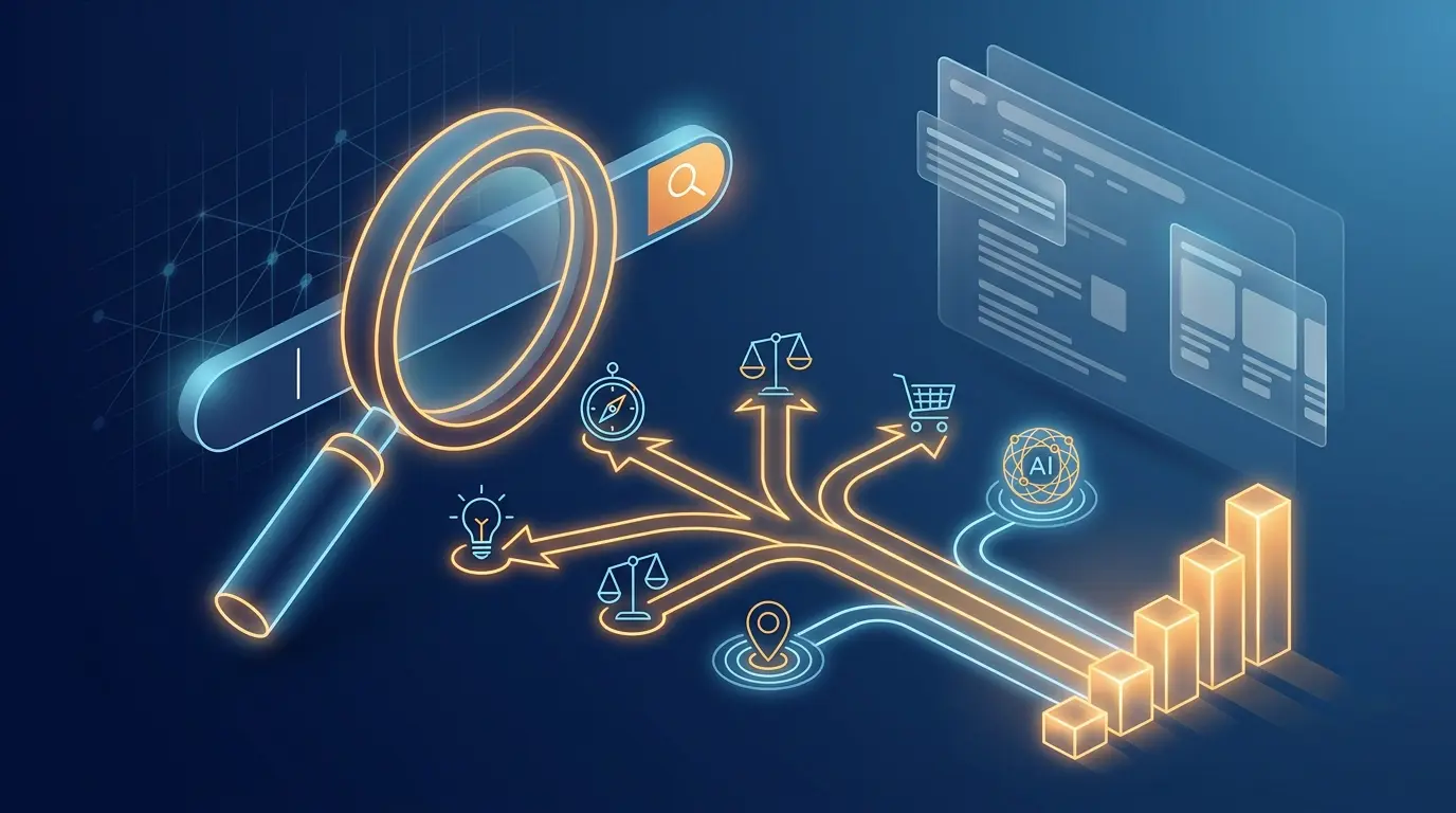 Keyword intent types illustrated as glowing search paths leading to conversion growth chart