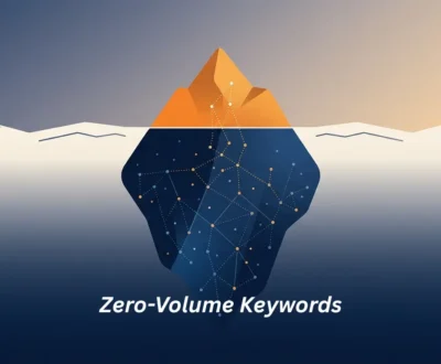 Zero-Volume Keywords Illustration of an iceberg with the visible tip in orange and a network of connected data points hidden below the waterline in navy blue, symbolizing zero-volume keywords as measurable search data versus real hidden search demand.