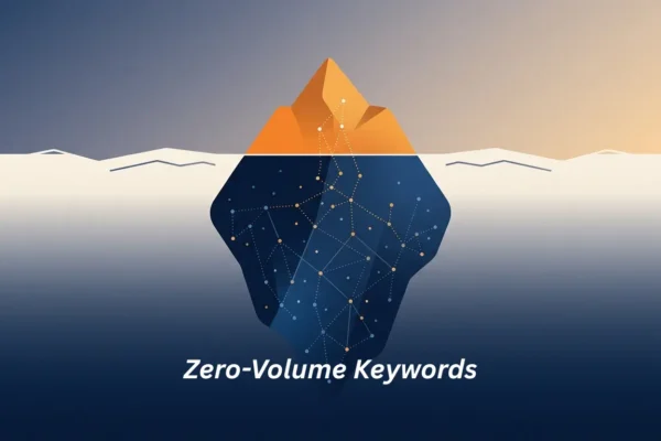 Zero-Volume Keywords Illustration of an iceberg with the visible tip in orange and a network of connected data points hidden below the waterline in navy blue, symbolizing zero-volume keywords as measurable search data versus real hidden search demand.