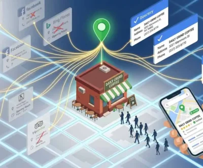 free-business-listing-sites-local-seo-visibility-map Scattered business directory listings converging into a verified local search pin, illustrating how business listings boost local SEO.