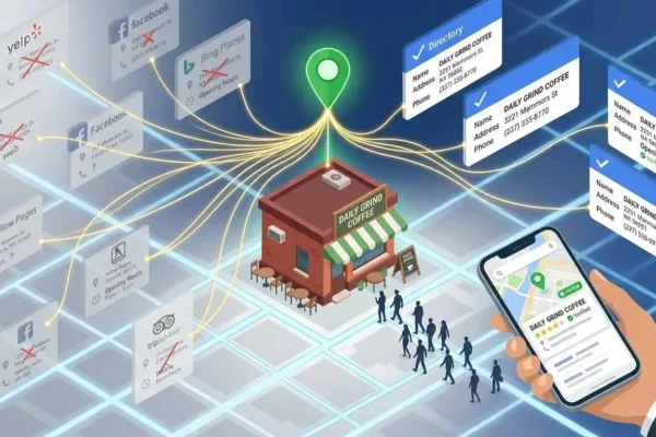 free-business-listing-sites-local-seo-visibility-map Scattered business directory listings converging into a verified local search pin, illustrating how business listings boost local SEO.