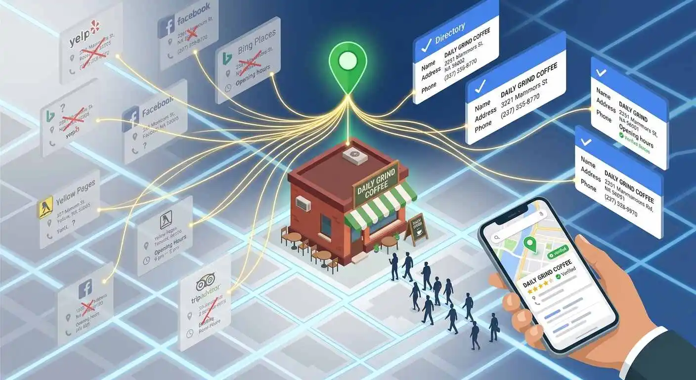 Scattered business directory listings converging into a verified local search pin, illustrating how business listings boost local SEO.