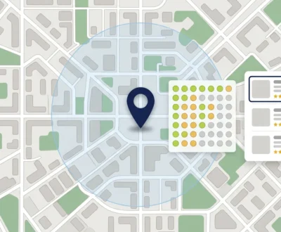 Google Maps ranking factors shown as a grid scan around a business pin, with top-three positions near the centre fading to weak rankings in one quadrant.