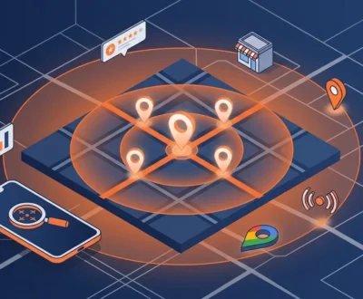 hyper local seo Hyperlocal SEO concept illustration with neighborhood map, location pin cluster, and search radius radar visual