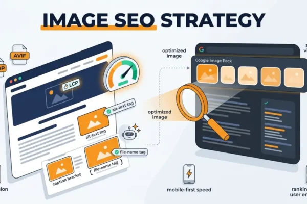 image SEO strategy Illustration of an image SEO strategy showing an optimized webpage linked to Google's Image Pack search results.