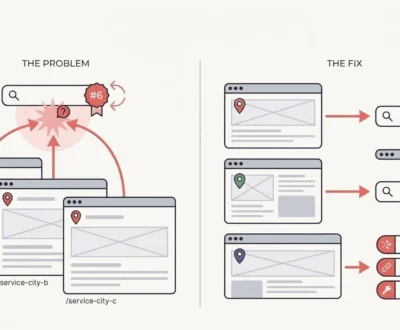 Diagram showing location page keyword cannibalization: three identical location pages competing for one search result, next to the fixed version where each page owns its own query.