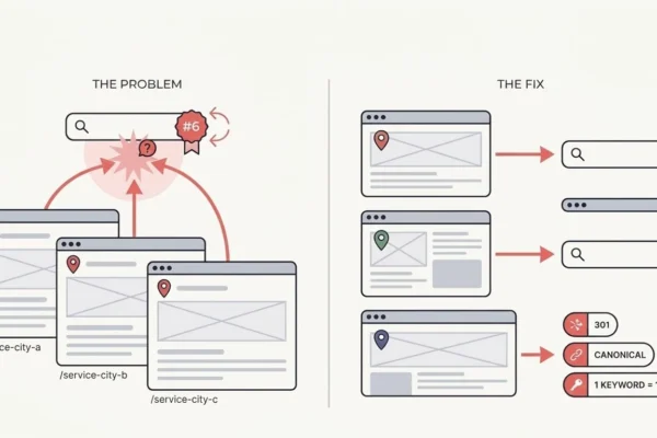 location-page-keyword-cannibalization-diagram Diagram showing location page keyword cannibalization: three identical location pages competing for one search result, next to the fixed version where each page owns its own query.