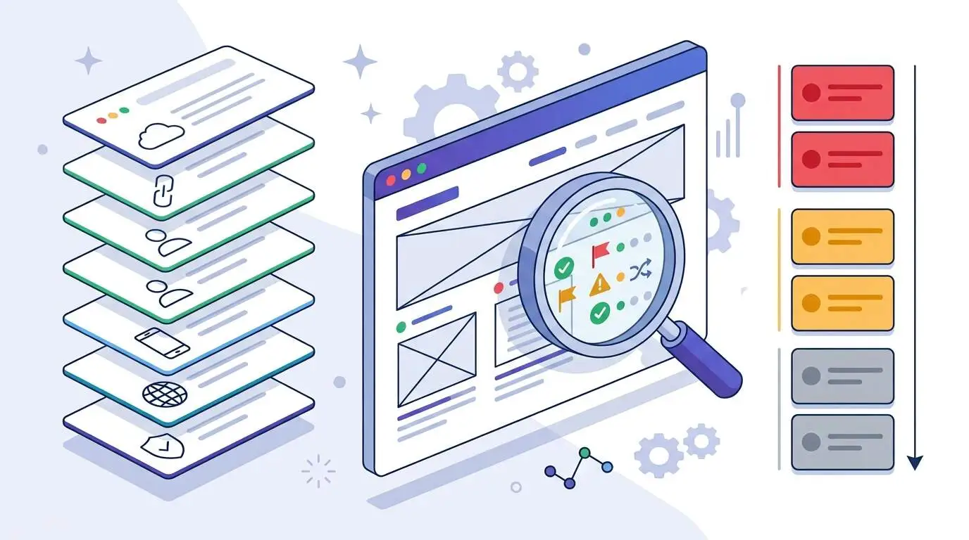Website Auditing Checklist illustration showing a website being inspected across seven audit layers with findings sorted into fix-first priority tiers
