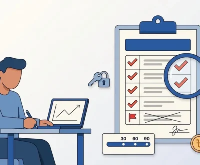 Business owner reviewing an SEO proposal checklist with scope table and 90-day roadmap before signing a contract