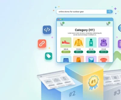 Shopify collection page SEO illustration showing a category page ranking #1 above competitors in search results