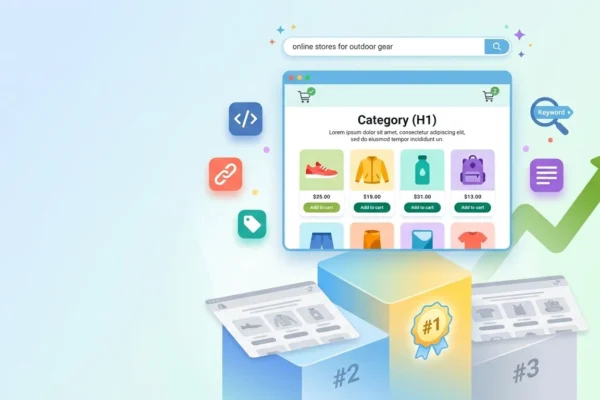 Shopify collection page SEO illustration showing a category page ranking #1 above competitors in search results